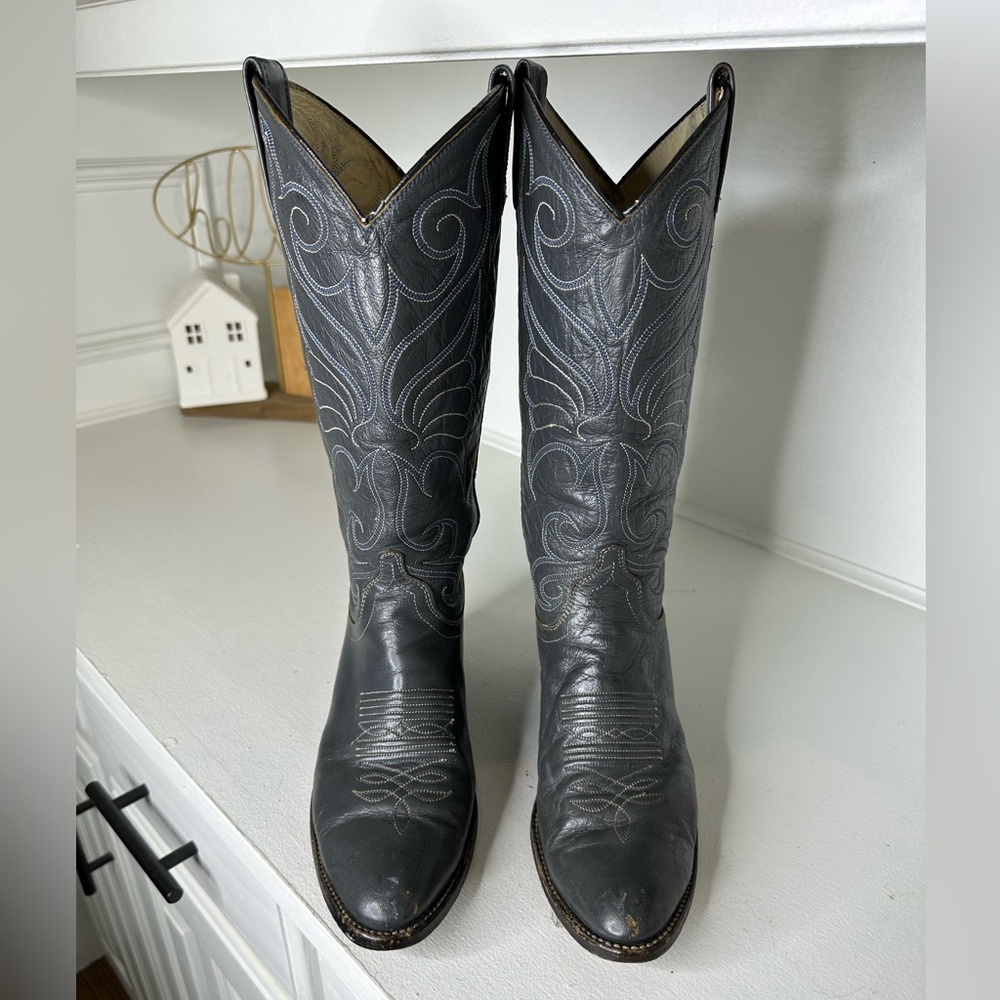 Vintage Dan Post Grey Leather Embroidered Cowboy Boots Women’s 7.5C - Picture 2 of 10